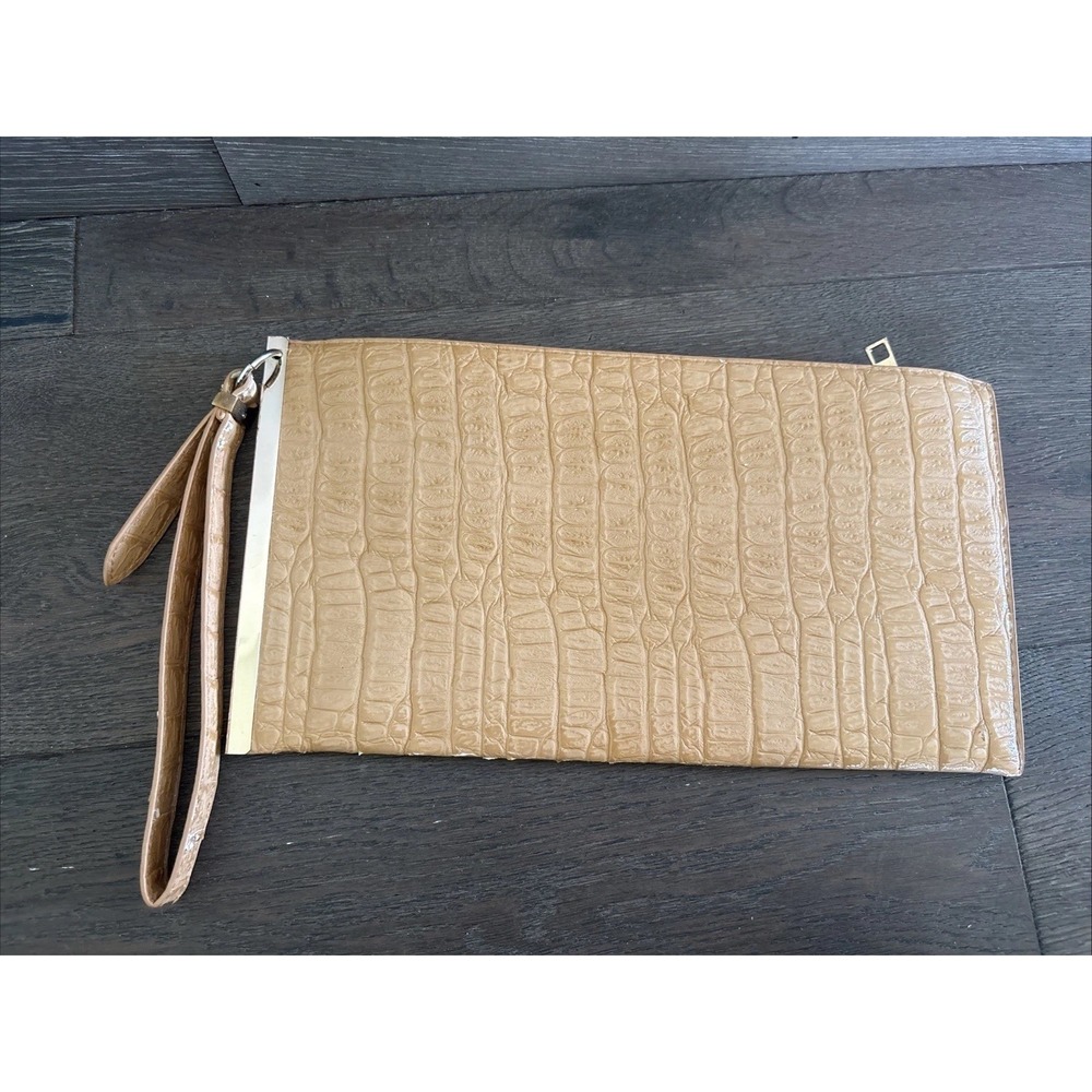 Large Beige Alligator Textured Clutch Bag With Strap